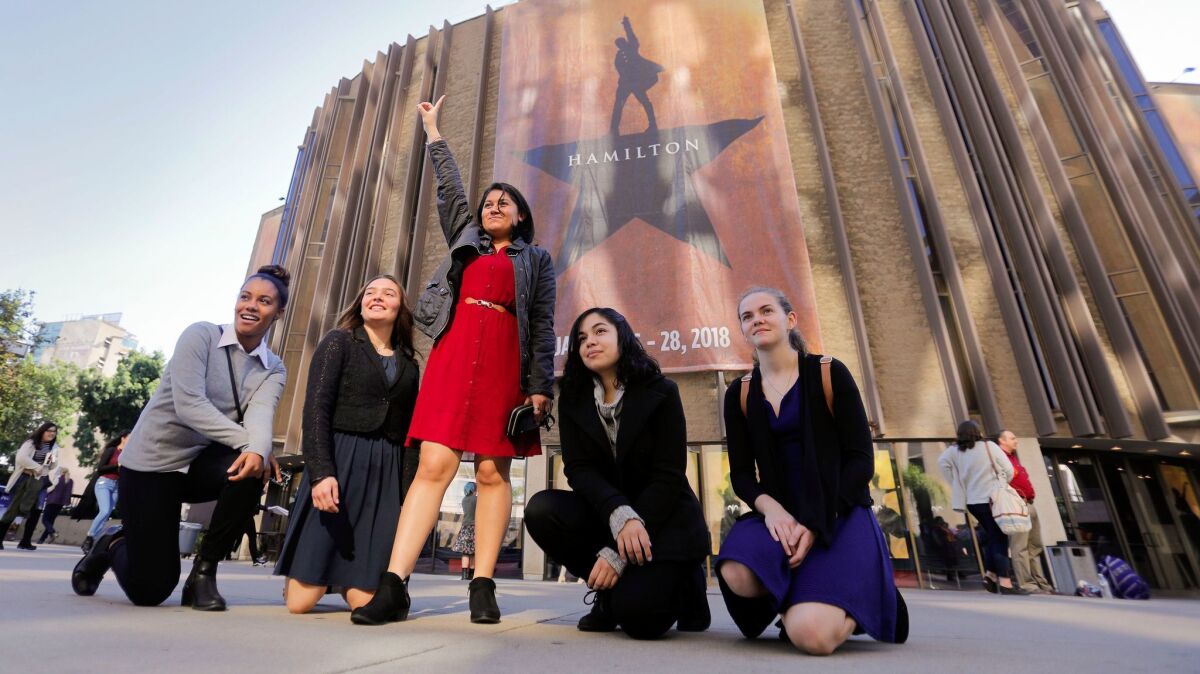 San Ysidro High School students Denita Wiggins, Selena Ramirez, Joanna Castillo, Fernannda Zendejas and Ashley Ramirez (left to right) pose before a performance of "Hamilton" at the Civic Theatre.