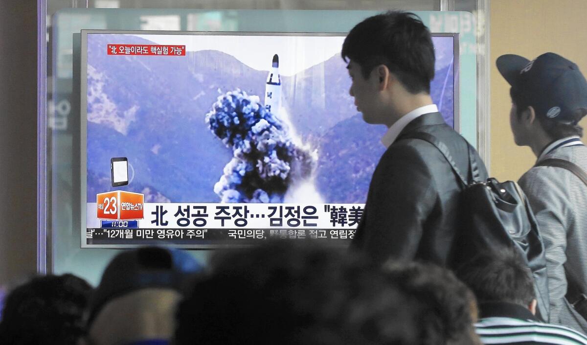 A news program in Seoul in April shows an image, published in the North Korean newspaper Rodong Sinmun, of an apparent North Korean missile test.