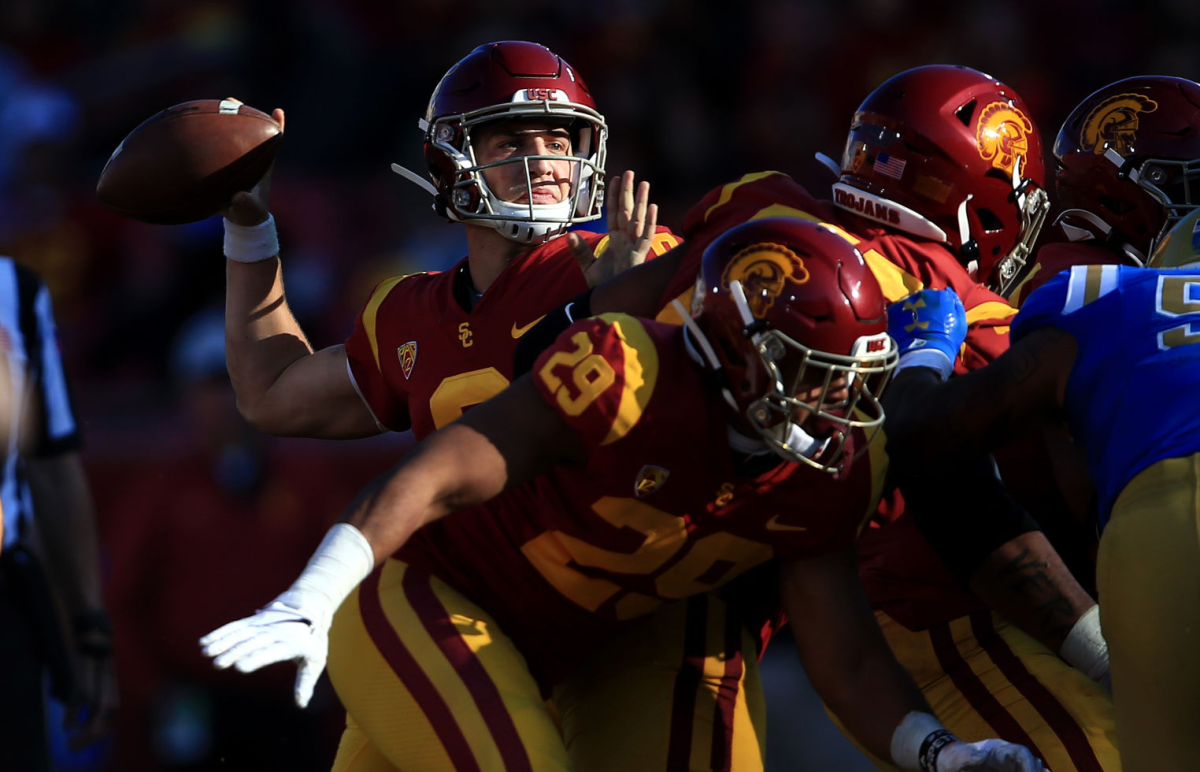 USC quarterback Kedon Slovis drops back to pass against UCLA