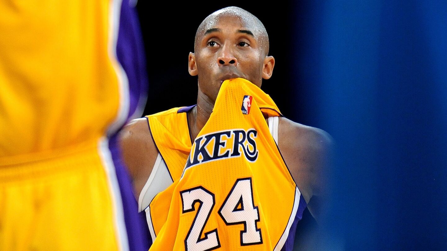 Lakers star Kobe Bryant looks on during a game against the New Orleans Hornets at Staples Center on Jan. 29, 2013.