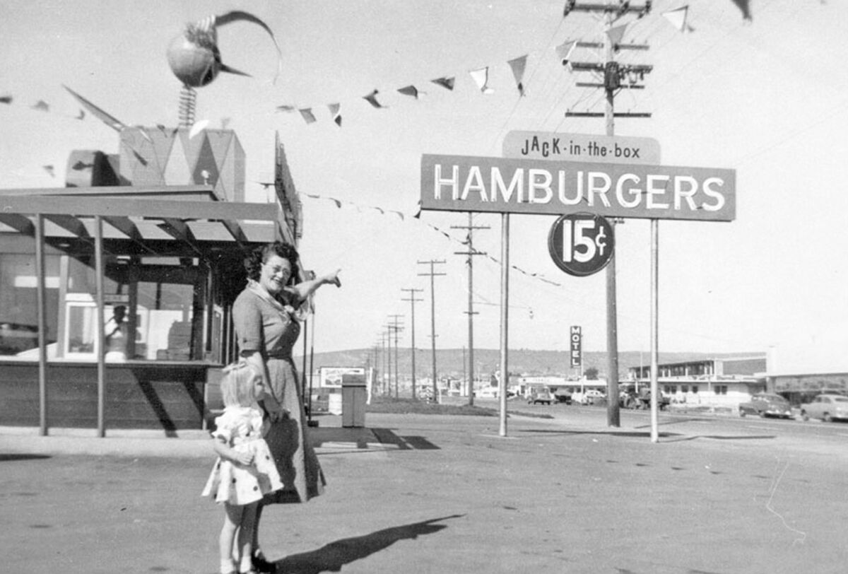 Isabel Frisk with granddaughter Judith Tyndall at Jack-in-the-Box on Pacific Beach Drive and Mission Boulevard around 1952.