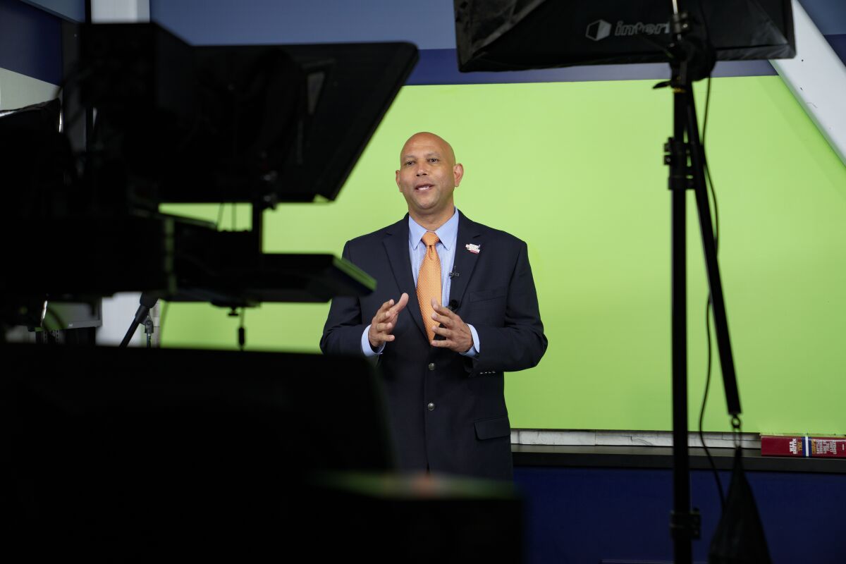 San Diego Unified School District Superintendent Lamont Jackson records a video message March 10.