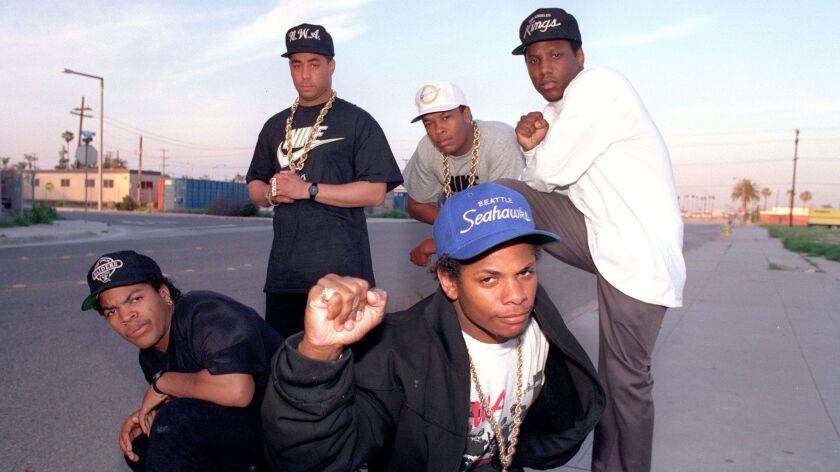 N.W.A, hip-hop's street reporters, on March 23, 1989: Ice Cube, far left; Eazy-E, center; standing from left, DJ Yella, Dr. Dre and MC Ren.