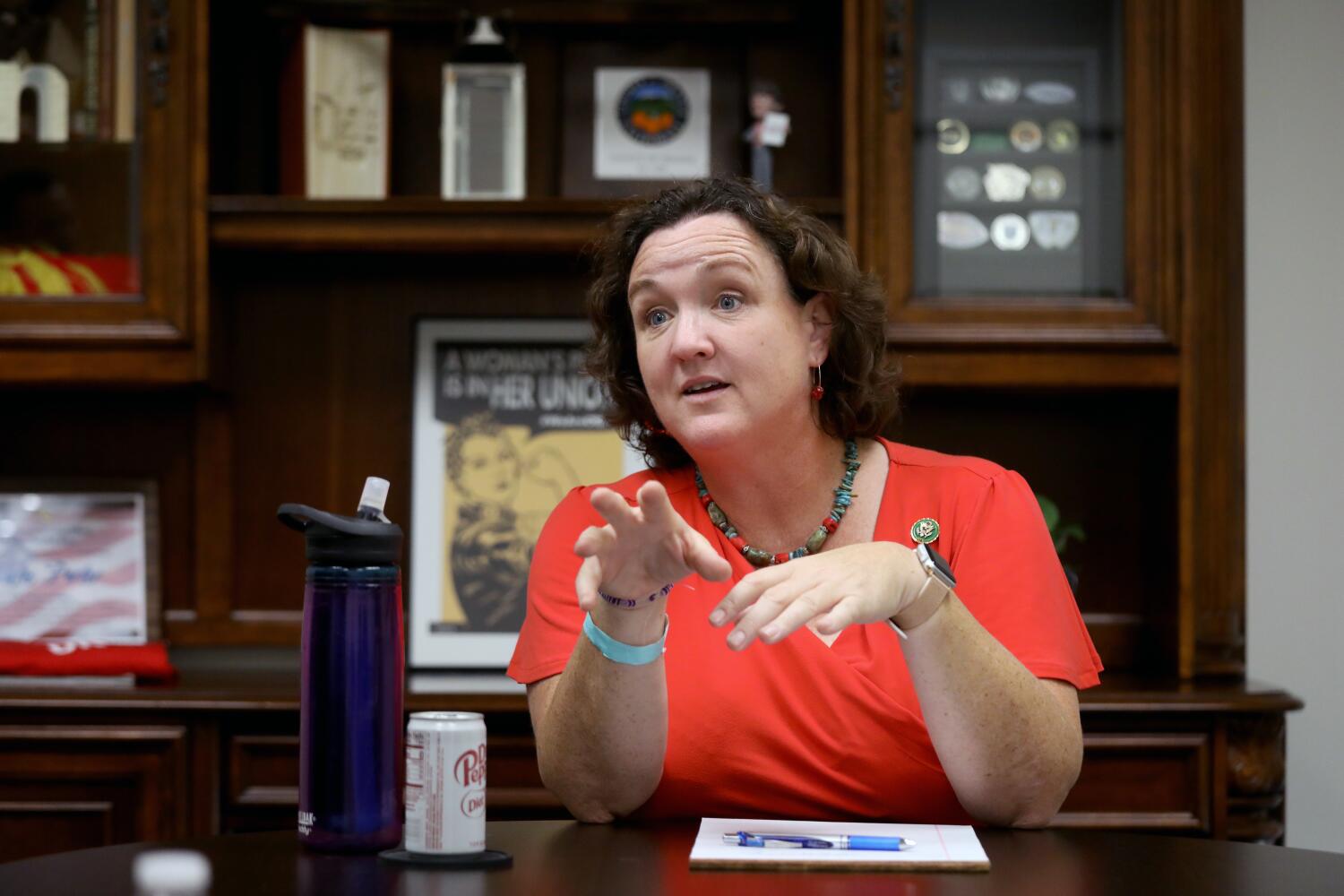 IRVINE, CA - JULY 21: Rep. Katie Porter (D-CA), 49, of Irvine, meets with interns at her district congressional office on Friday, July 21, 2023 in Irvine, CA. Rep. Porter, representing California's 47th congretional district since 2023, is running for Senate seat held by 90-year-old Sen. Dianne Feinstein (D-Calif.). (Gary Coronado / Los Angeles Times)