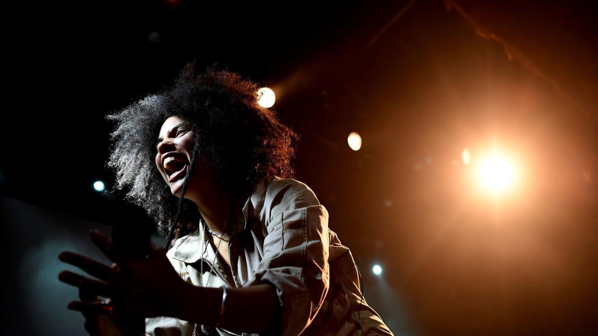 Lisa-Kaindé Díaz of Ibeyi performs during the duo's concert at the Fillmore in San Francisco.