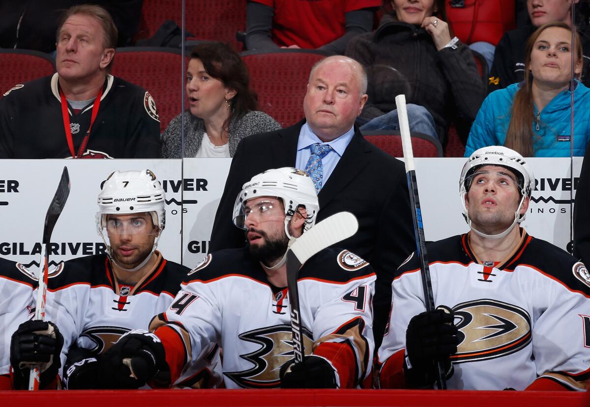 Ducks Coach Bruce Boudreau watches from the bench during a game earlier this month at Arizona.