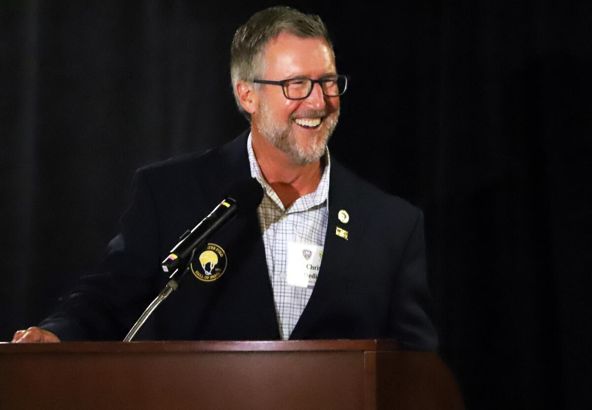 Chris Oeding smiles after being inducted into the 40th USA Water Polo Hall of Fame.