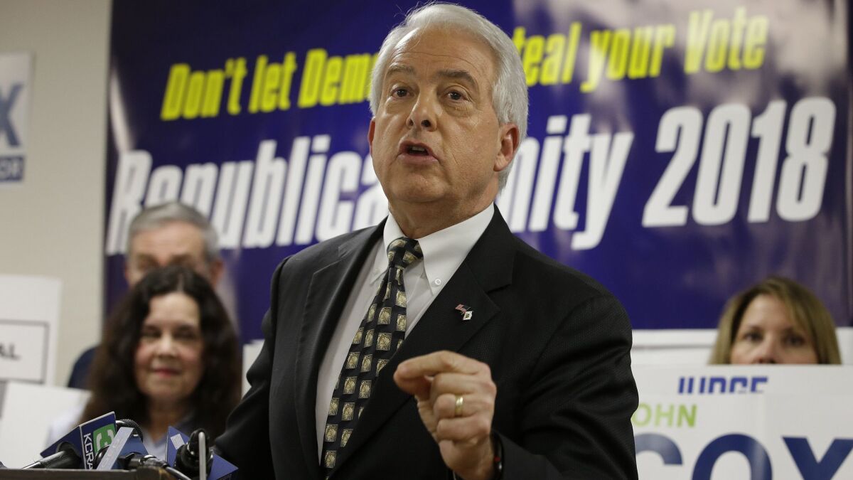 Republican gubernatorial candidate John Cox address supporters in Sacramento on May 23.