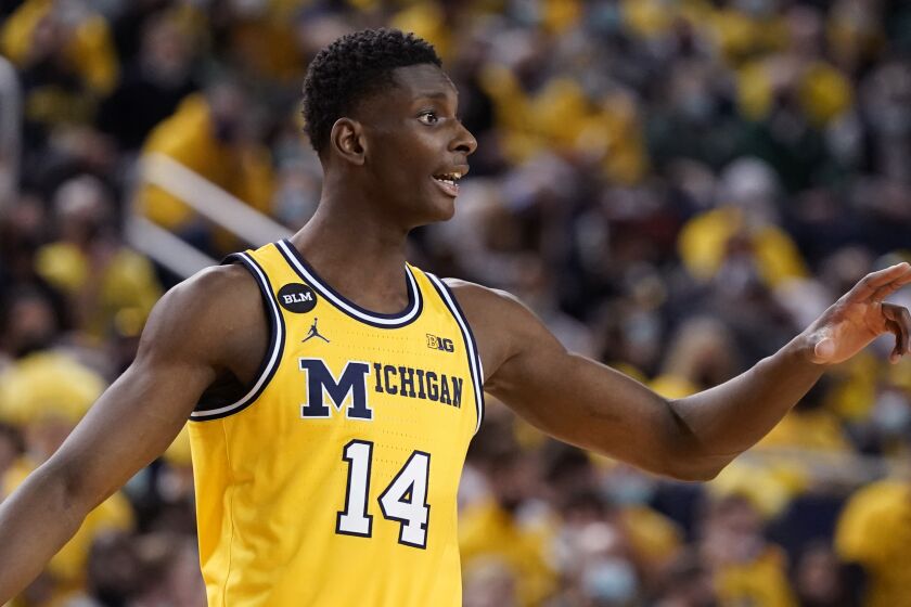 Michigan forward Moussa Diabate plays during the first half of an NCAA college basketball game.