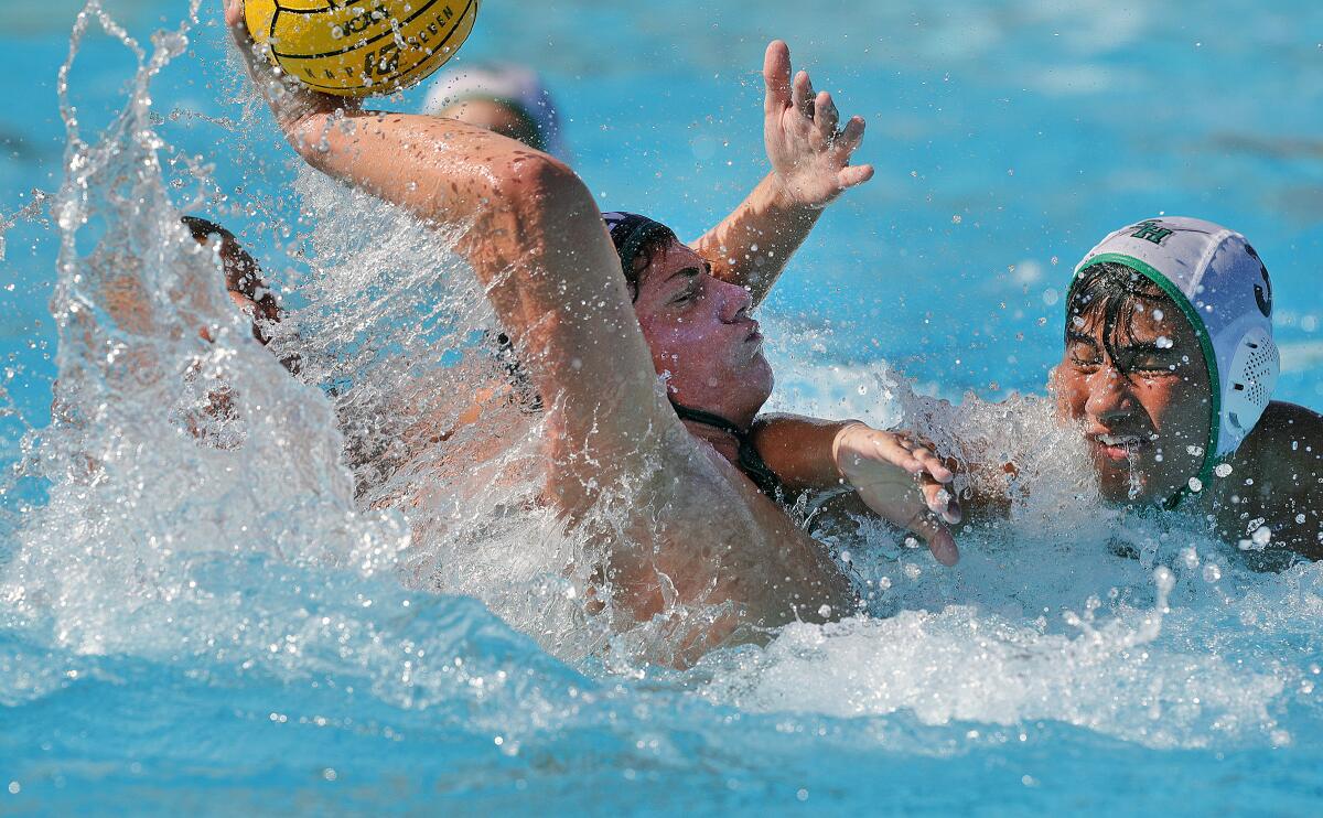 Grant Gostin of Costa Mesa fights for the ball in front of the Sage Hill goal and scores in a nonleague match at home on Tuesday.