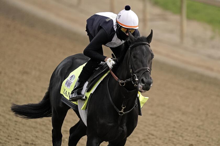 Kentucky Derby entrant Zandon works out at Churchill Downs Wednesday, May 4, 2022, in Louisville, Ky. 