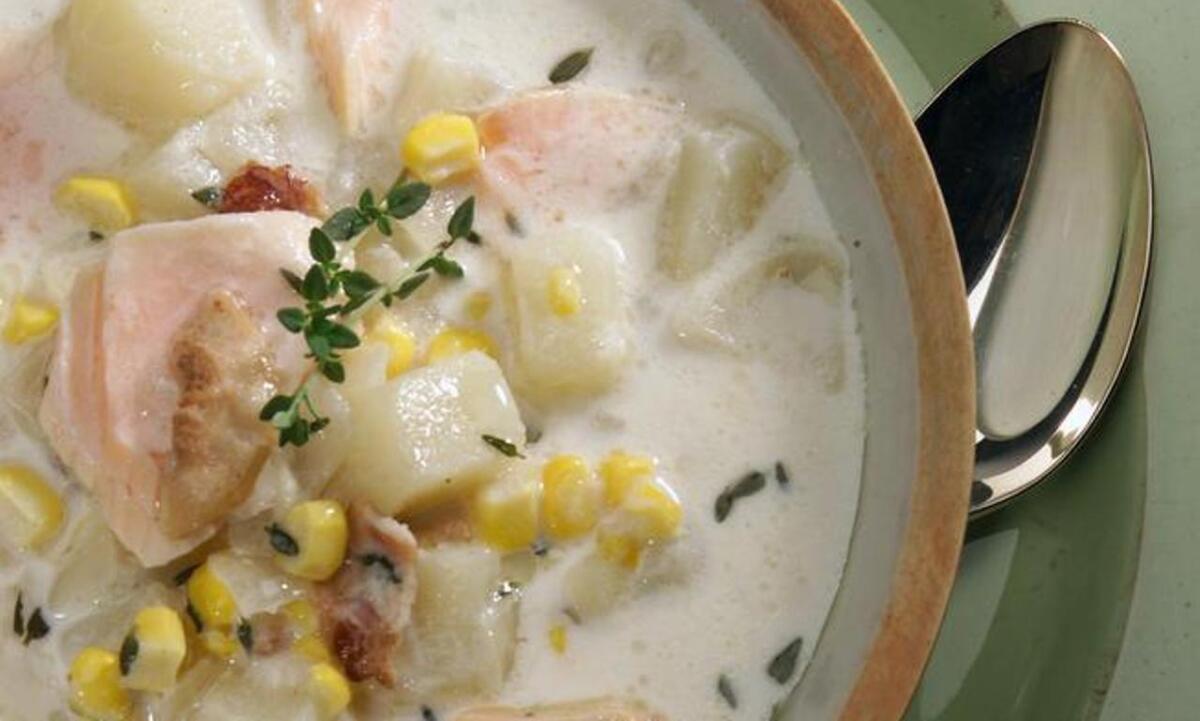 Rich and satisfying. Recipe: Salmon and corn chowder