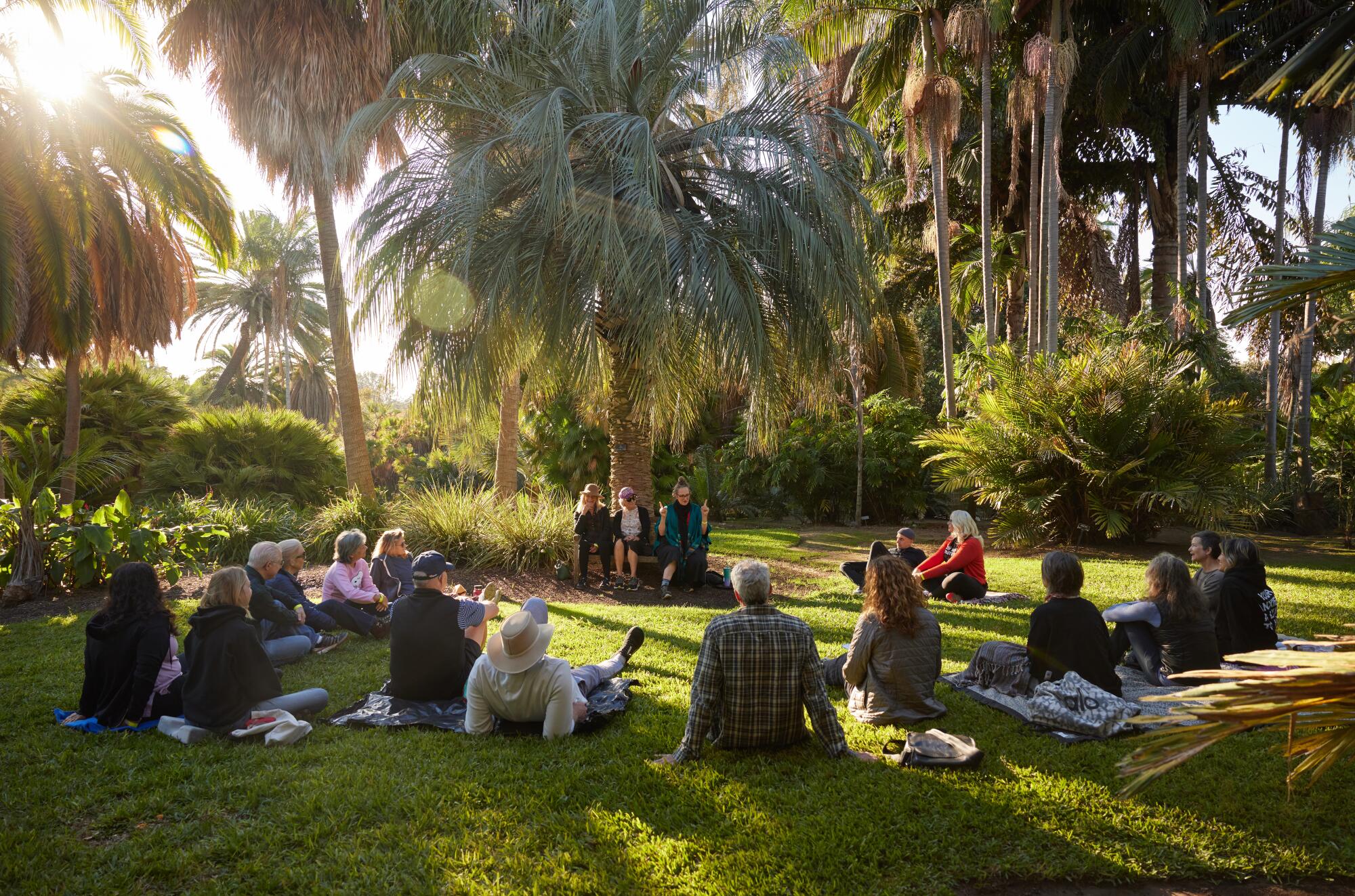 Cerca de 18 pessoas sentam-se em círculo na grama em Huntington para uma sessão de terapia florestal.