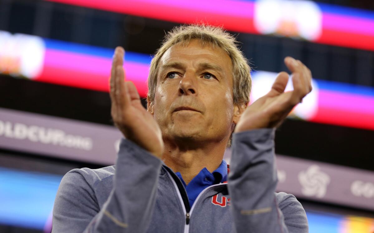 U.S. Coach Jurgen Klinsmann looks on during a CONCACAF Gold Cup match against Haiti in Foxboro, Mass. on July 10, 2015.