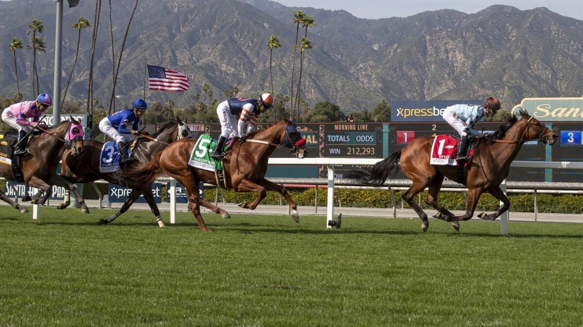 Horses run at Santa Anita during the resumption of races at the track on Friday. A horse died during Sunday's races.