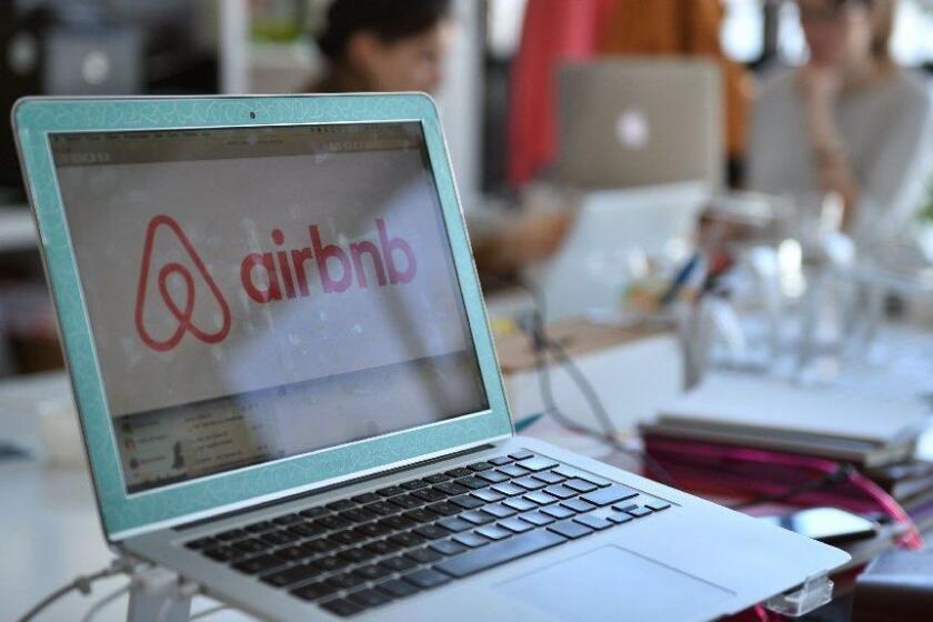 (FILES) This file photo taken on April 21, 2015 shows the logo of online lodging service Airbnb displayed on a computer screen in the Airbnb offices in Paris on April 21, 2015. For the last six months, 31 owners were sentenced by a French court to pay 615.000 euros of fine, said Ian Brossat, deputy mayor of Paris, charged with Housing and Emergency Accomodation. / AFP PHOTO / MARTIN BUREAUMARTIN BUREAU/AFP/Getty Images ** OUTS - ELSENT, FPG, CM - OUTS * NM, PH, VA if sourced by CT, LA or MoD **