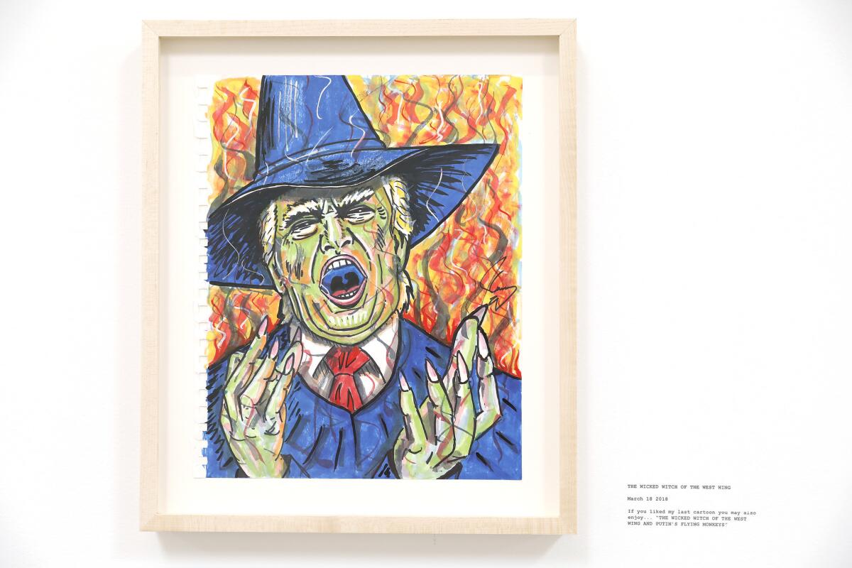 A drawing of President Trump, part of actor Jim Carrey's show, "IndigNation: Political Drawings by Jim Carrey , 2016-2018."