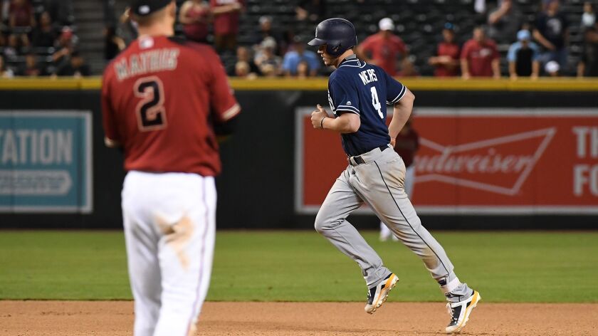 Wil Myers rounds the bases after hitting a home run during the 16th inning off of Arizona's Jeff Mathis.