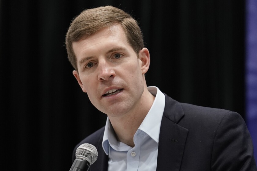 FILE - U.S. Senate candidate Rep. Conor Lamb, D-Pa., speaks during a meeting of the Pennsylvania Democratic Party State Committee in Harrisburg, Pa., Jan. 29, 2022. Seven weeks before Pennsylvania’s primary election, Conor Lamb is sharpening his attack on Democratic primary rival John Fetterman in their race for U.S. Senate. (AP Photo/Matt Rourke, File)