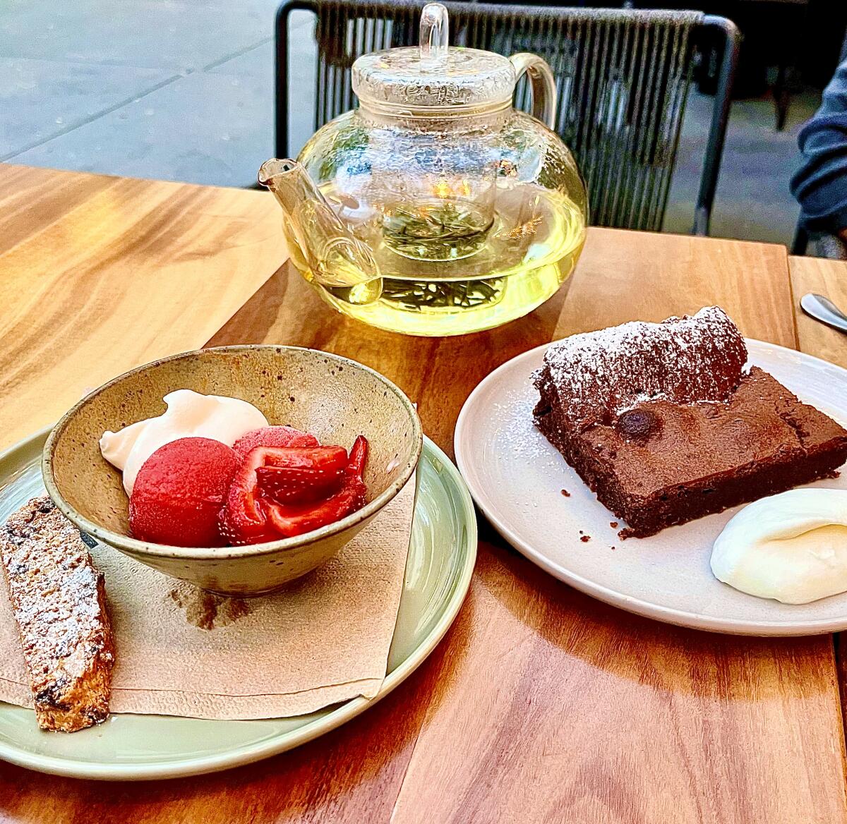 Dessert at Lulu: sorbet, brownie and tea.