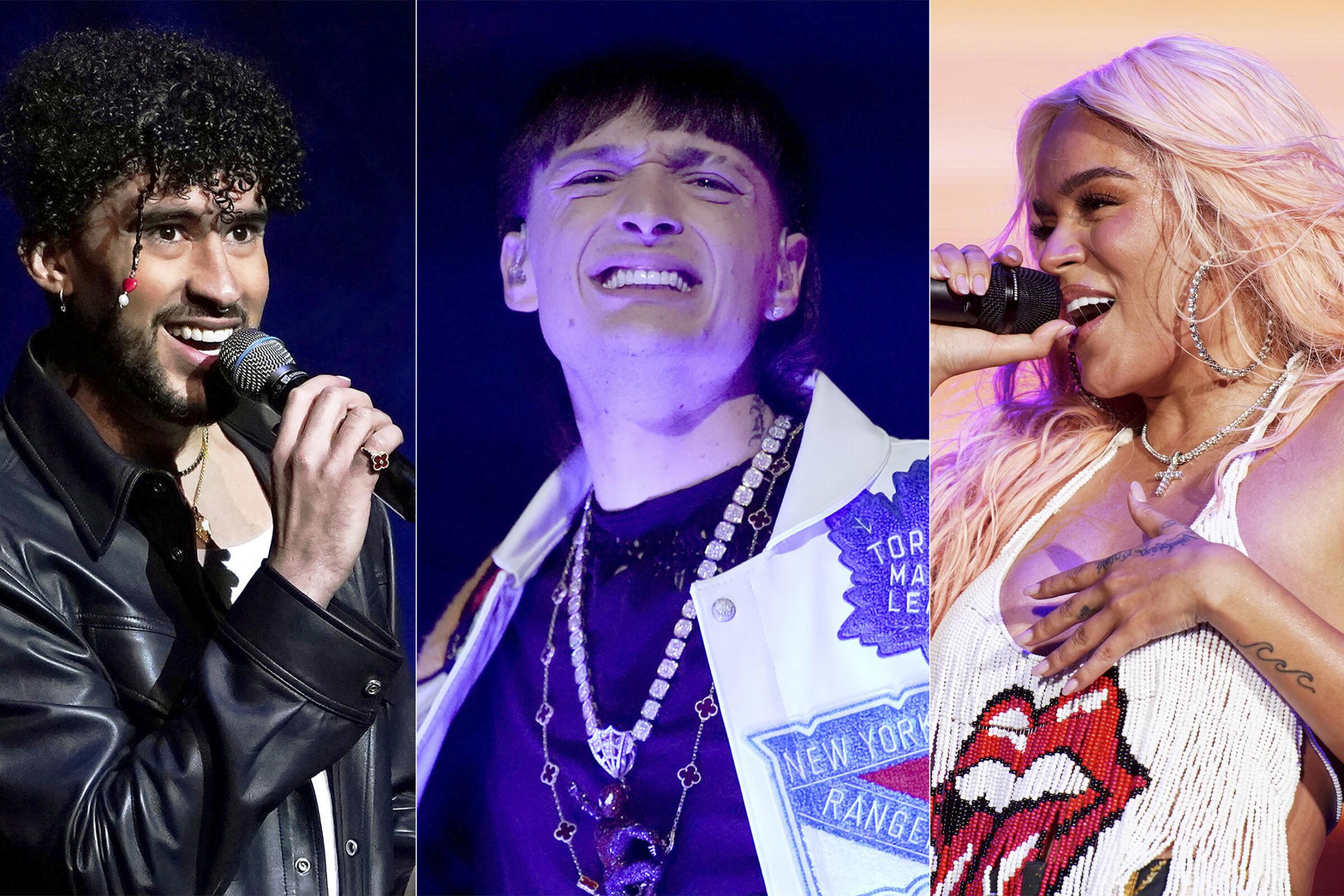 Bad Bunny, izquierda, Peso Pluma y Karol G figuran en el 2023 como los artistas latinos más sonados 