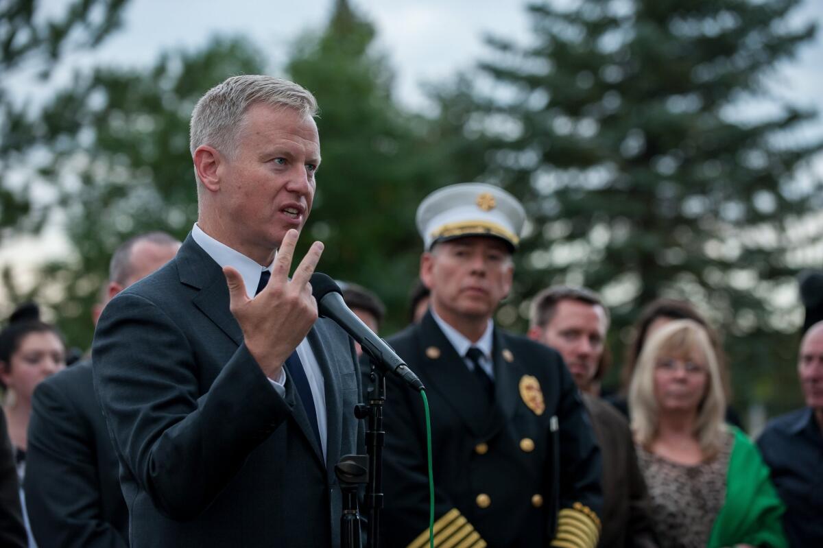 Dist. Atty. George Brauchler speaks during a news conference after the sentencing verdict for James Holmes, for whom he had sought the death penalty. “I asked them to trust me and follow me,” he said of victims' relatives and survivors of the shooting. “And I came up short, and that’s my fault, and that’s what hurts."