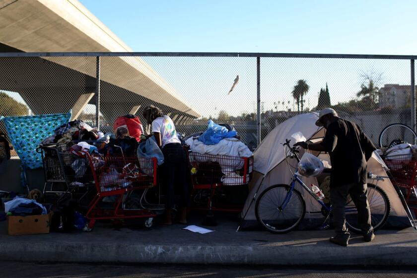 LOS ANGELES, CA - Feb. 15, 2016: Willie Hadnot, age 59, right, outside of his tent on the 42nd Street overpass over highway 110 in Los Angeles. City sanitation workers last week seized tiny houses, including Willie's, that people were living in on the streets. (Photo by Katie Falkenberg / Los Angeles Times)