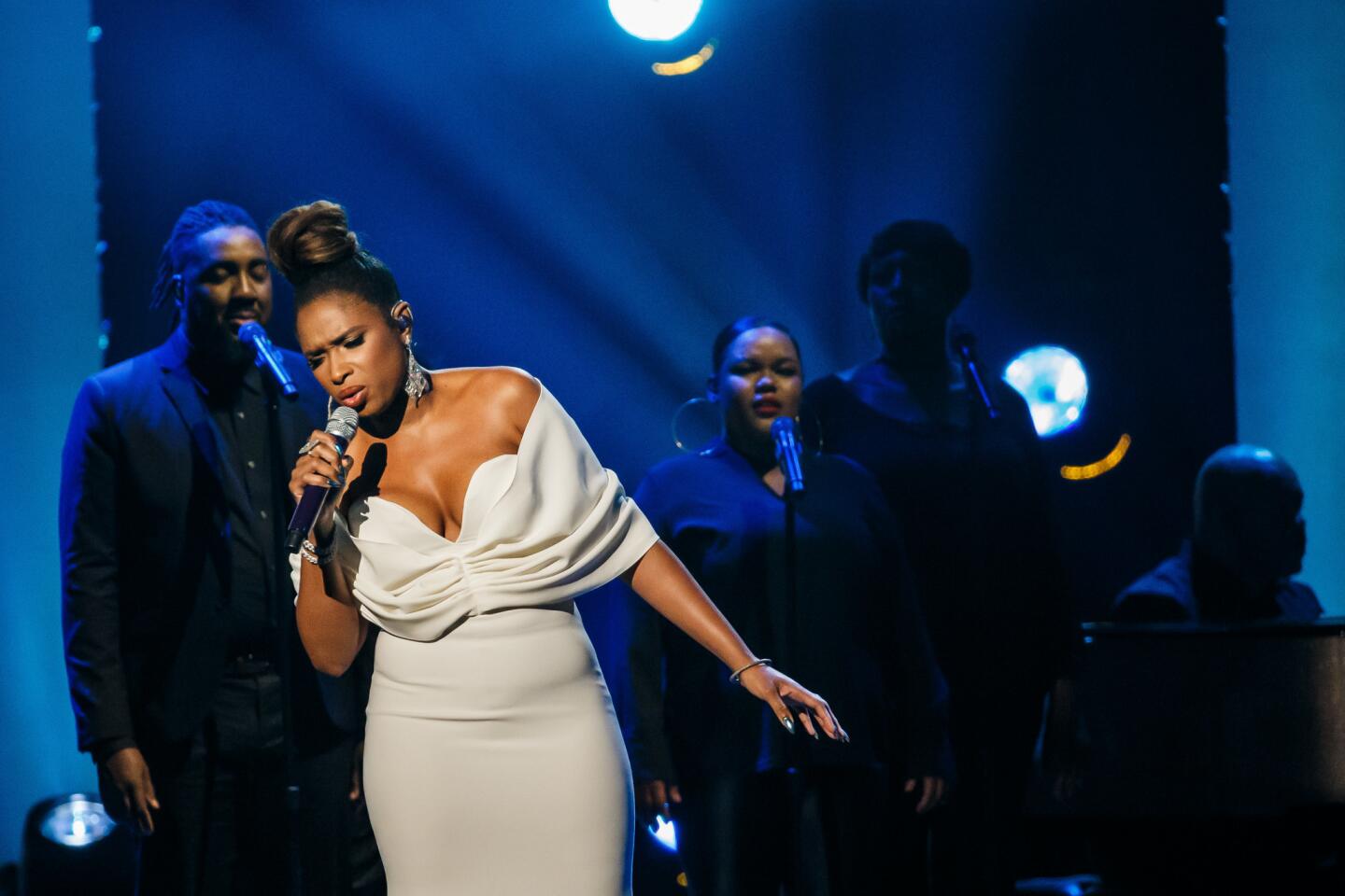 Jennifer Hudson performs for Aretha Franklin's tribute concert at the Shrine Auditorium in Los Angeles on Jan. 13.