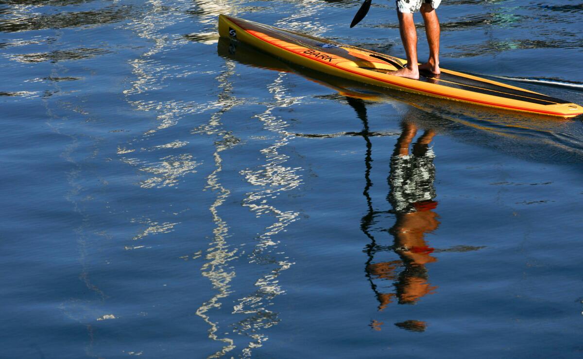 A standup paddleboarder is reflected in the calm waters of Dana Point Harbor in 2013.