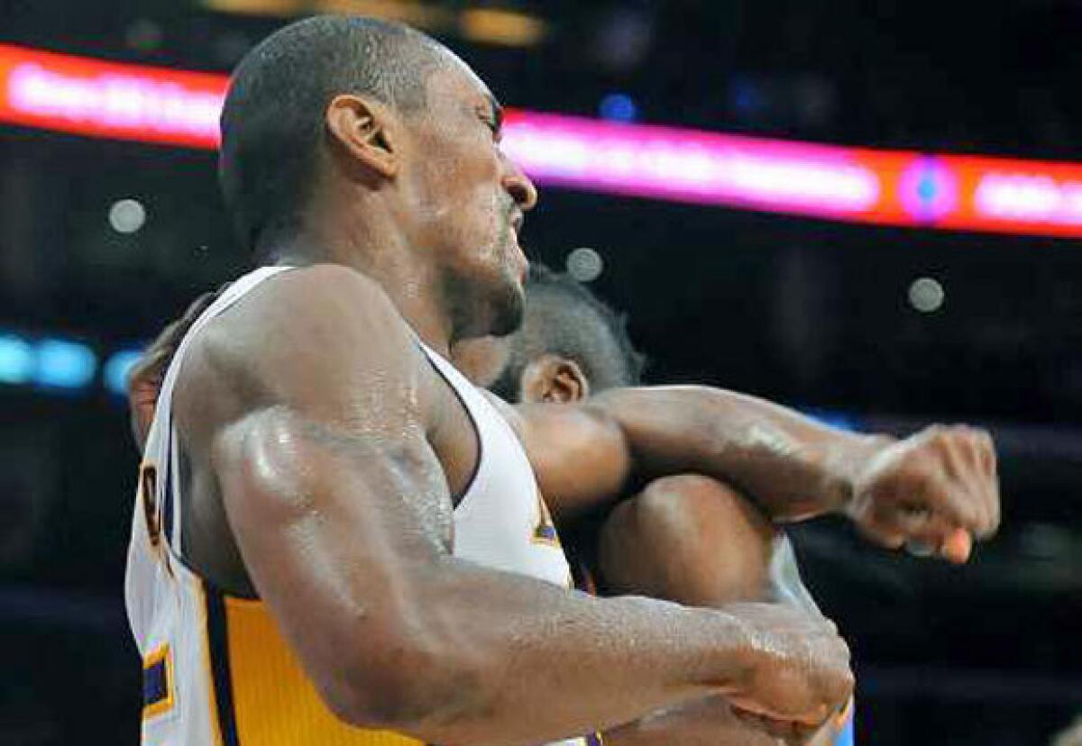 The Lakers' Metta World Peace was suspended for this elbow delivered to the head of Oklahoma City's James Harden.