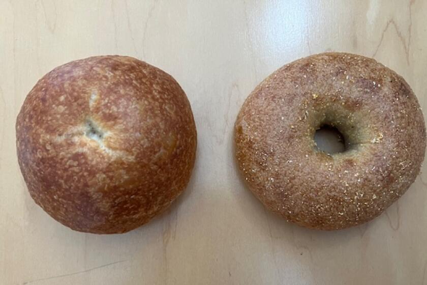 A new L.A. fluffy bagel, left, and the traditional version.