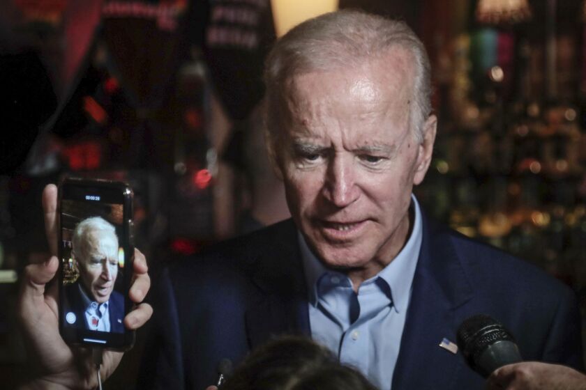 Former Vice President and 2020 Democratic presidential candidate Joe Biden addresses patrons and media during a visit to the Stonewall Inn, Tuesday, June 18, 2019, in New York. Biden paid a visit to the Stonewall Inn ahead of the 50th anniversary of an uprising that helped spark the gay rights movement. (AP Photo/Bebeto Matthews)