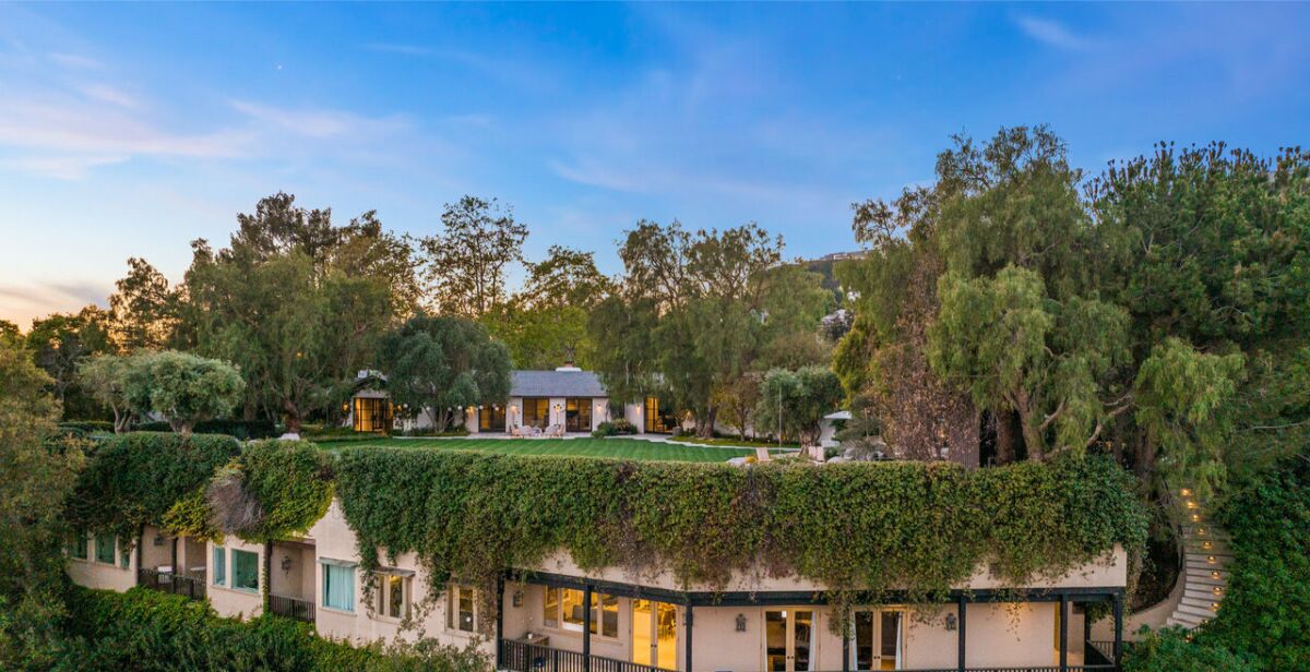 A view of the 3-acre spread, which includes a ranch-style home designed by Cliff May.