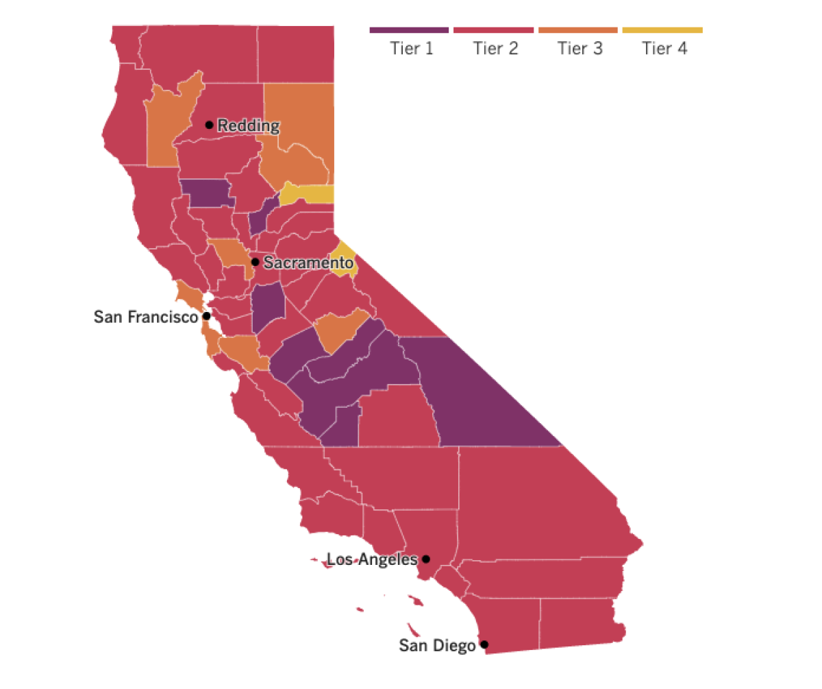 Reopening map: Six more counties in the orange tier (three in the Bay Area) and three more in the red, which now dominates.