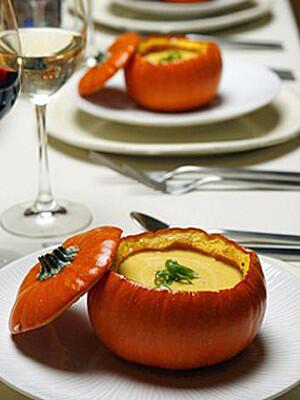 Hearty pumpkin flavor is complemented with sweet maple syrup and a touch of spice in this rich soup, served here in roasted mini pumpkins. Click here for the recipe.
