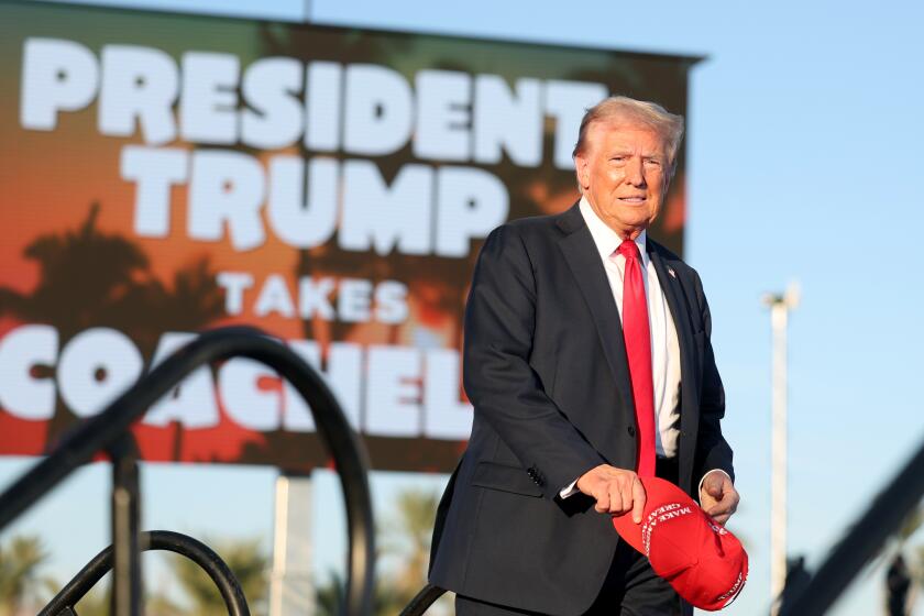 Coachella, California October 12, 2024-Presidential candidate Donald Trump is introduced during a rally at Calhoun Ranch in Coachella Saturday.(Wally Skalij/Los Angeles Times)