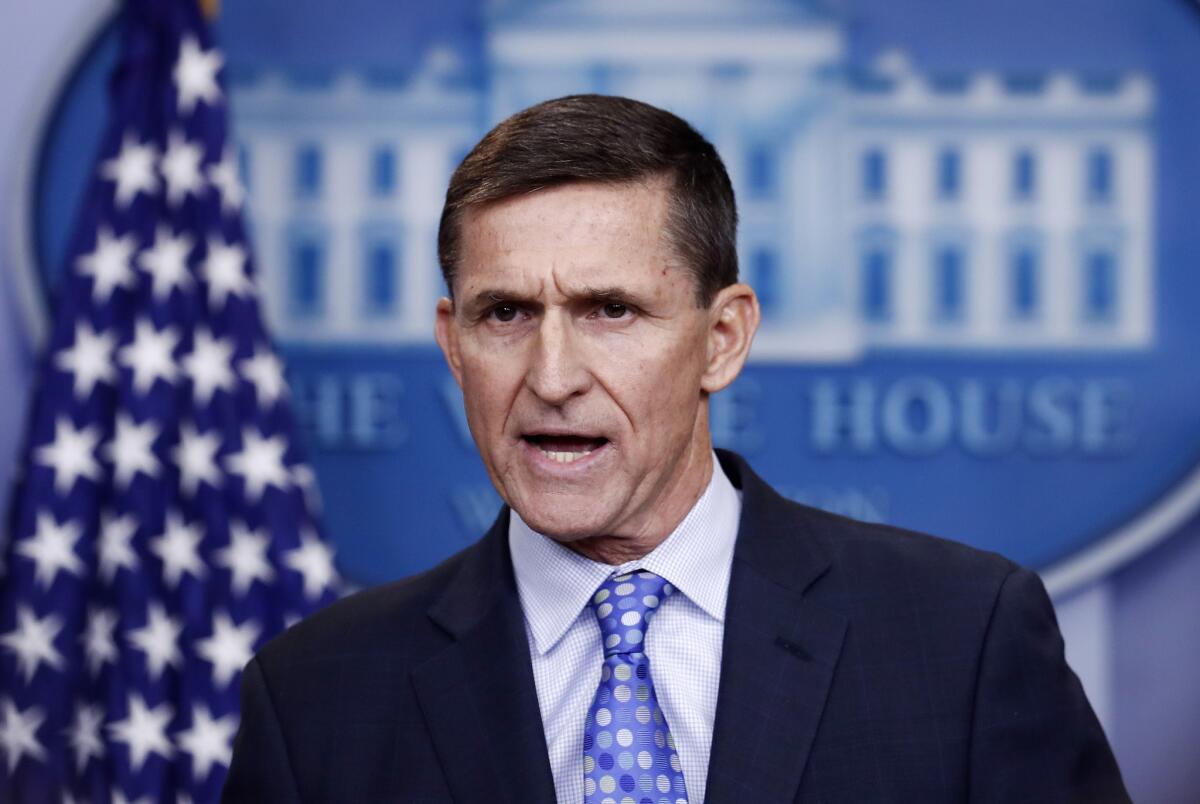 Michael Flynn, then President Trump's national security advisor, speaks at the White House in early 2017. He lasted less than a month in the job.