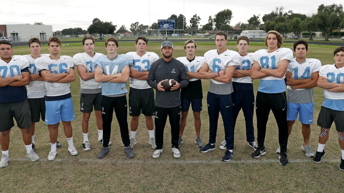 Corona del Mar High's high-powered offense, from left to right: Tanner Tomlinson, Hunter Schimmelpfennig, Thomas Bouda, Vinny Provenza, Ethan Garbers, Sean Owens, Kevin Hettig, Bradley Schlom, John Humphreys, Simon Hall, Mark Redman, Max Farzine and Jason Vicencio.