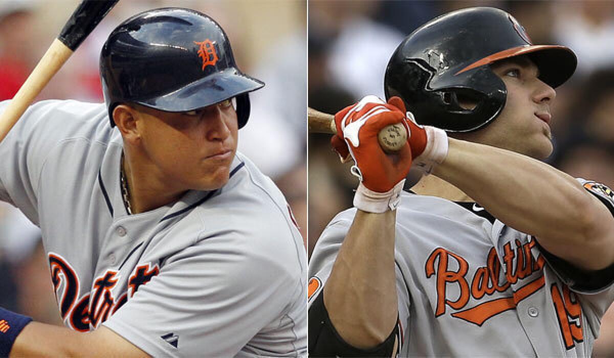 Detroit's Miguel Cabrera, left, and Baltimore's Chris Davis are the top two statistical leaders in all three American League triple crown categories.
