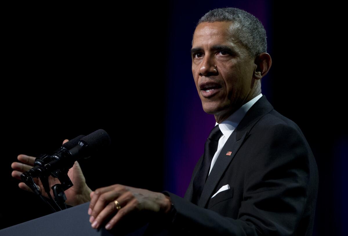 President Barack Obama speaks at the Congressional Black Caucus Foundation’s 45th Annual Legislative Conference Phoenix Awards Dinner at the Walter E. Washington Convention Center in Washington, Saturday, Sept. 19, 2015, about black women's role in helping shape American democracy. (AP Photo/Carolyn Kaster)