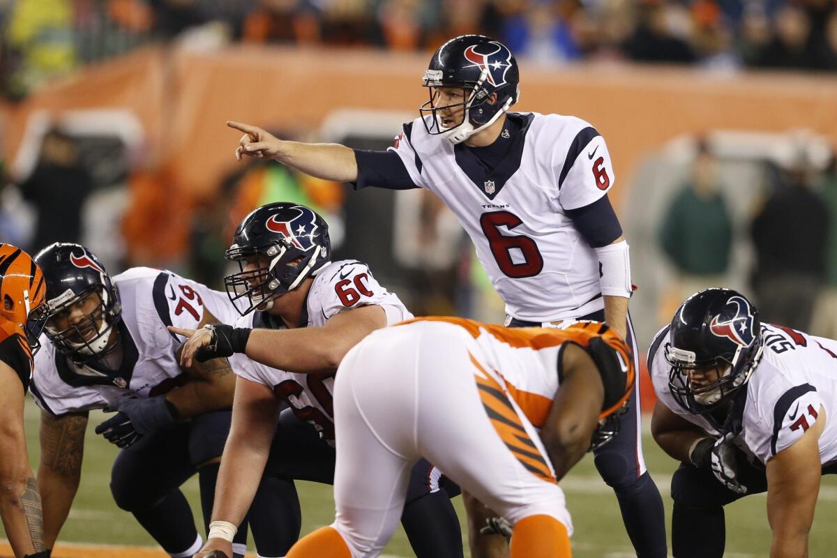 Houston quarterback T.J. Yates will play in place of injured starter Brian Hoyer on Sunday.