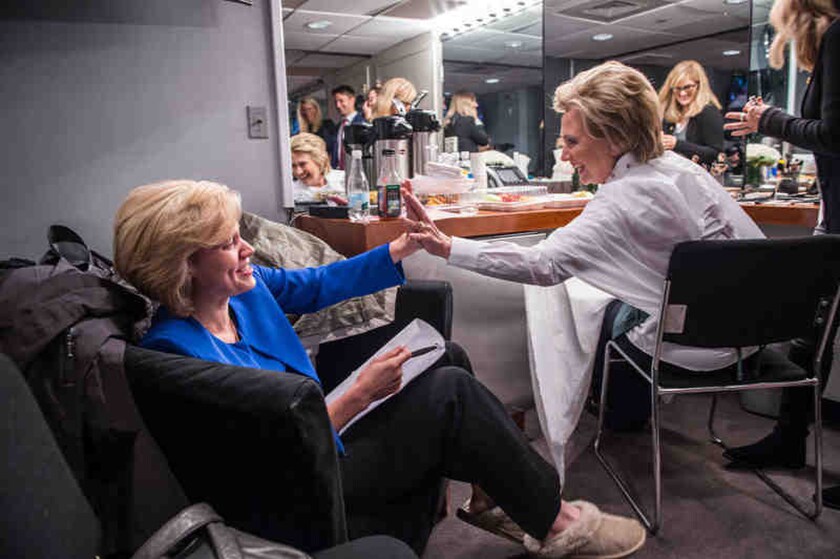 Kate McKinnon, left, preparing to impersonate Hillary Clinton, right, on "Saturday Night Live."