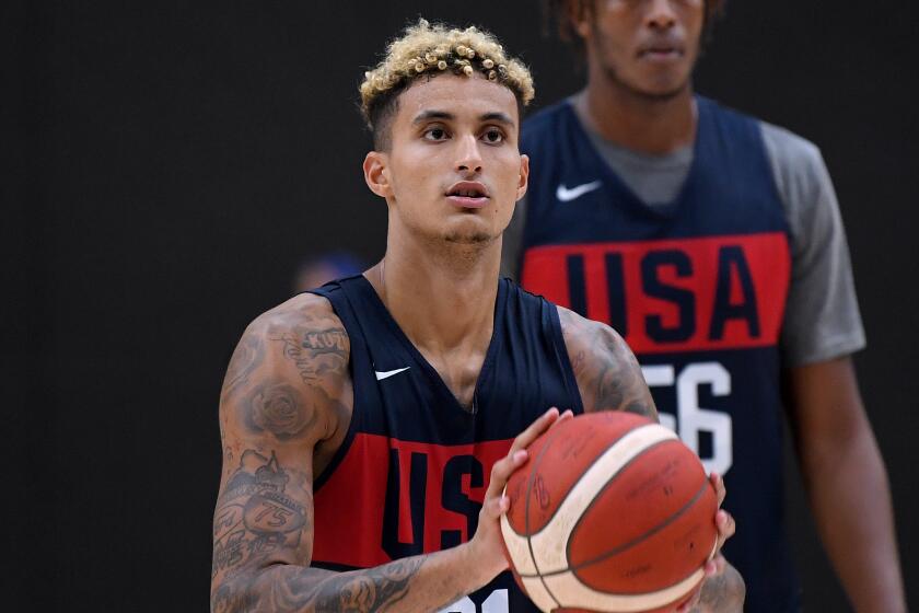 EL SEGUNDO, CALIFORNIA - AUGUST 13: Kyle Kuzma #21 shoots jumpers in front of Myles Turner #56 during the 2019 USA Men's National Team World Cup training camp at UCLA Health Training Center on August 13, 2019 in El Segundo, California. (Photo by Harry How/Getty Images) ** OUTS - ELSENT, FPG, CM - OUTS * NM, PH, VA if sourced by CT, LA or MoD **