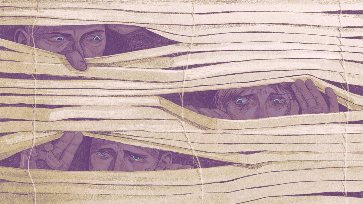 Illustration of people peeking out through blinds