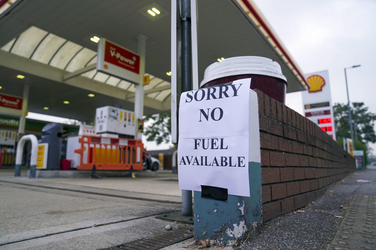Sign at gas station in England warning of no more fuel