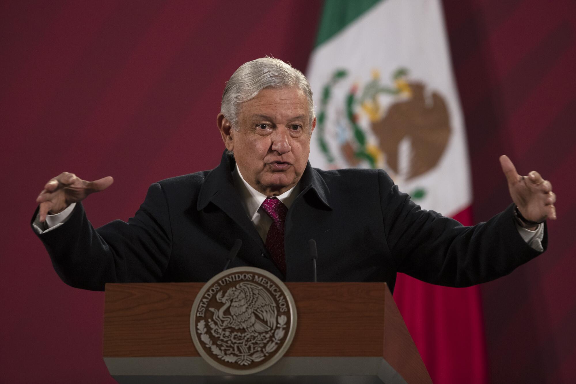 FILE - Mexican President Andres Manuel Lopez Obrador gives his daily