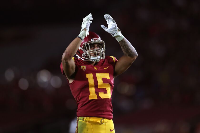 LOS ANGELES, CALIFORNIA - SEPTEMBER 20: Safety Talanoa Hufanga #15 of the USC Trojans reacts in the game against the Utah Utes at Los Angeles Memorial Coliseum on September 20, 2019 in Los Angeles, California. (Photo by Meg Oliphant/Getty Images)