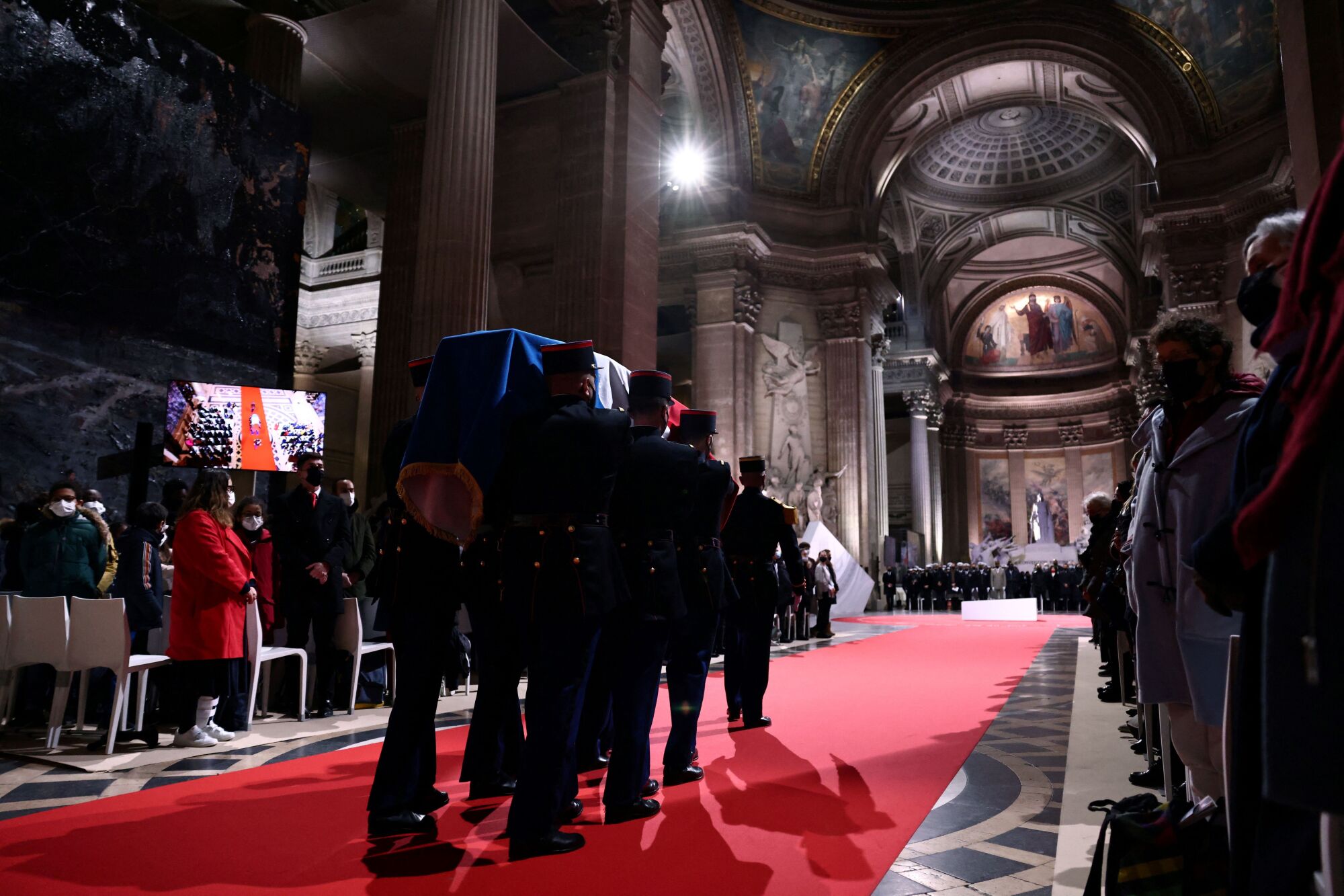 French soldiers carry a cenotaph during a ceremony dedicated to Josephine Baker