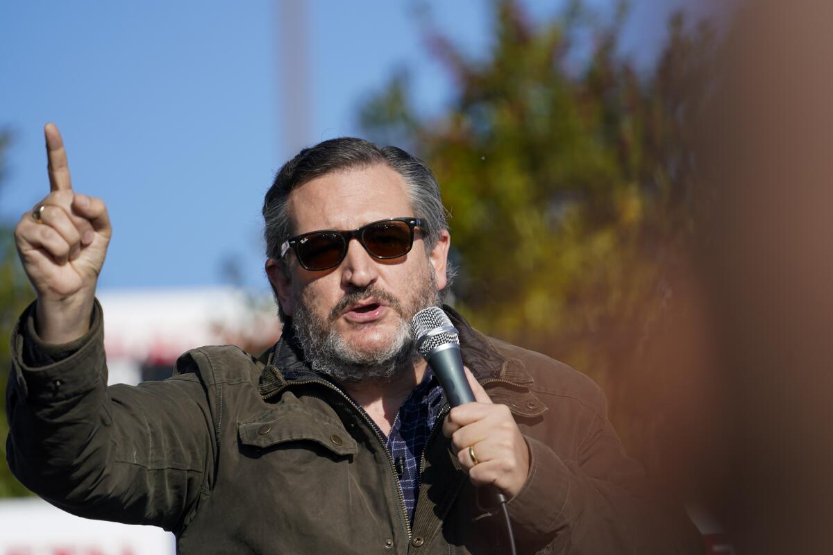 Sen. Ted Cruz (R-Texas) speaks at a campaign rally for Sen. Kelly Loeffler on Saturday in Cumming, Ga. 