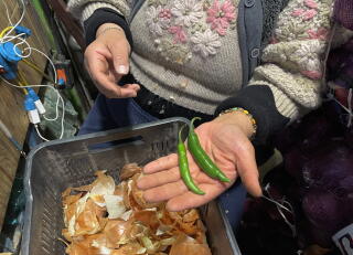 A vendor holds peppers at the Central de Abasto market.